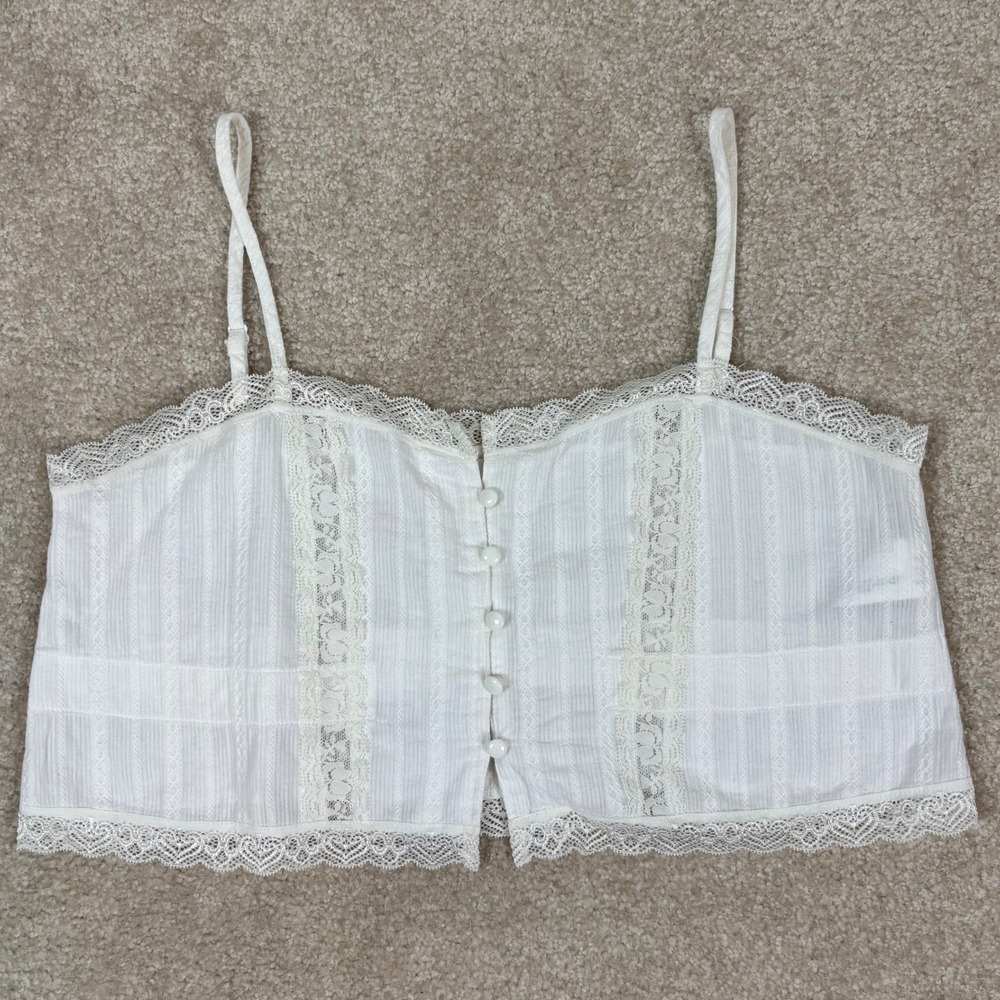 PJM White Cotton Lace Trim Button Front Cami Crop Top Adjustable Straps Medium